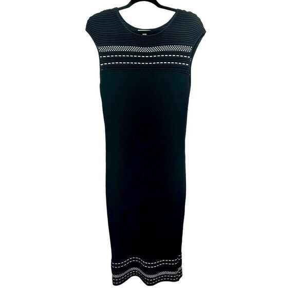 Eva Mendes Black Stretchy Midi Dress Cap Sleeve Fitted Bodycon White Detailing - Picture 1 of 8